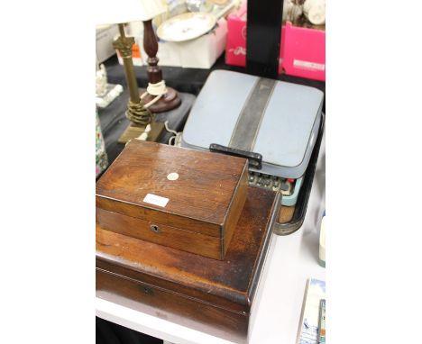 Mahogany sewing box with interior tray, mahogany jewellery box with mother of pearl circular inlay to the lid, oak tray, type