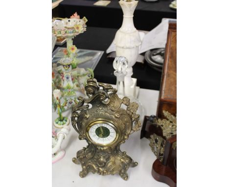 French style brass cased mantel clock, ships decanter, two marble reading lamps (4)