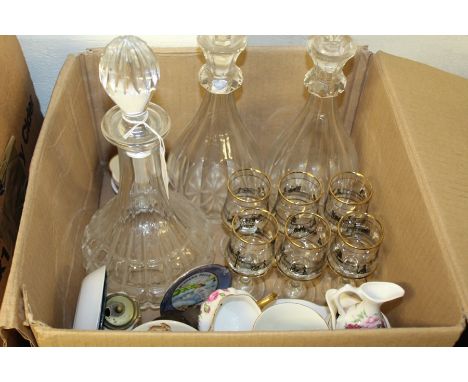 China and glass, to include three decanters and stoppers, Poole sleeping puppy, Royal Doulton Bunnykins egg cup and saucer, K