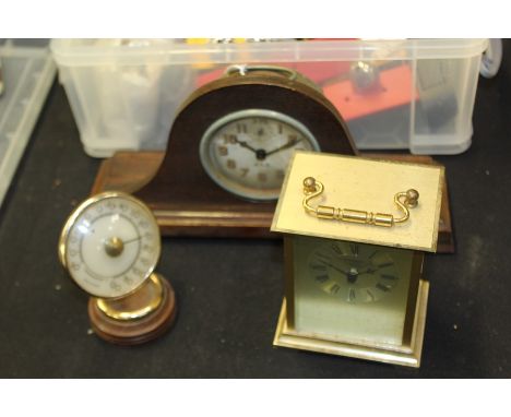 Jaz alarm clock, housed in a domed case, President quartz carriage clock, desk thermometer (3)