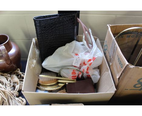 Works of art to include Stratton and Wedgwood jasperware compact and lipstick holder, dressing table set, two evening bags, h