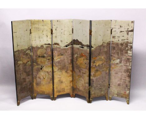 A SIX FOLD WOOD AND POLY CHROME DECORATED SIX FOLD SCREEN ATTRIBUTED TO NGUYEN VAN MINH, the screen depicting a mountainous l