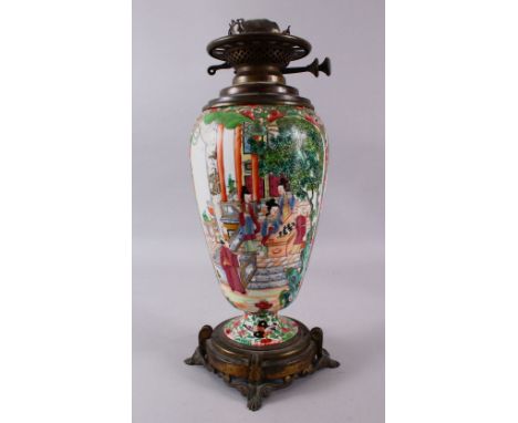 A 19TH CENTURY CHINESE CANTON FAMILLE ROSE PORCELAIN OIL VASE / LAMP, with panel decoration of figures in balcony settings, f