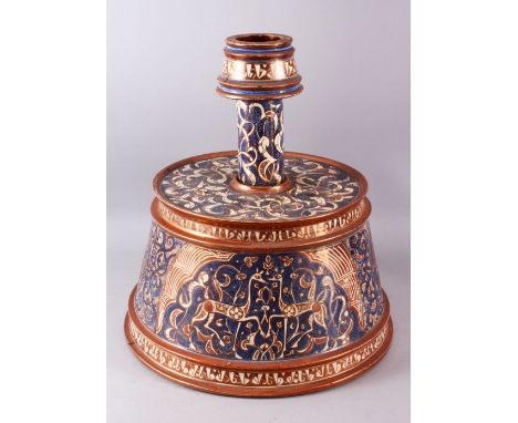 A LARGE AND IMPRESSIVE 19TH CENTURY HISPANO - MORESQUE LUSTRE POTTERY CANDLE STICK, with a copper lustre and blue ground, dep