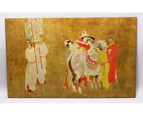 A LARGE AND IMPRESSIVE VIETNAMESE PAINTED PANEL OF A WEDDING SCENE ATTRIBUTED TO NGUYEN VAN MINH , the panel wood and poly ch
