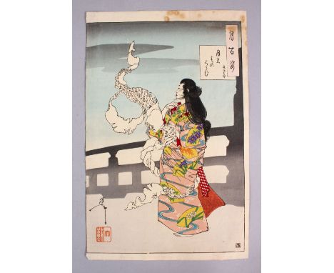 A JAPANESE MEIJI PERIOD WOODBLOCK PRINT BY YOSHITOSHI TSUKIOKA, Lunacy - unrolling letter, one hundred aspects of the moon, b