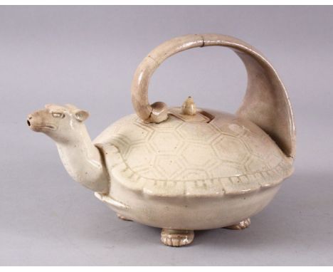 A JAPANESE MEIJI PERIOD CERAMIC CRACKLE WARE MINOGAME FORMED KETTLE / TEA POT, 21CM