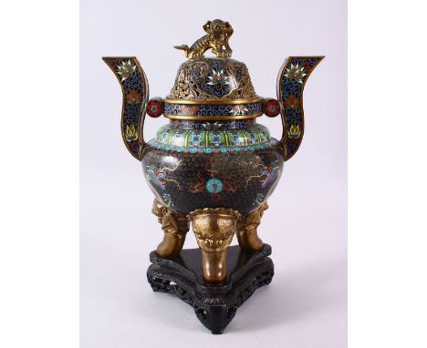 A 19TH / 20TH CENTURY CHINESE CLOISONNE TRIPOD TIN HANDLE CENSER, COVER &amp; STAND - the body with a black ground decorated 
