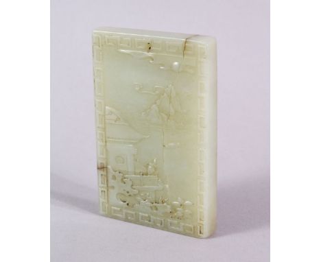 A CHINESE CARVED JADE CALLIGIRAPHIC WATERSIDE LANDSCAPE PENDANT, one side depicting a waterside landscape, the verso with cal