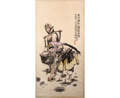 A NICE CHINESE SCROLL PAINTING OF TWO FEMALE FIGURES, the two female figures in a landscpae holding a basket and tool, with c