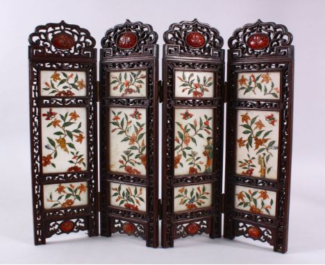 A CHINESE JADE PANEL AND WOODEN FOLDING SCREEN, 37cm high, 46cm wide overall.