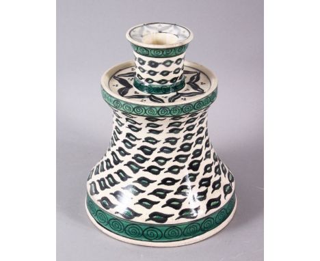 AN UNUSUAL 19TH CENTURY FRENCH SAMSON ISLAMIC IZNIK STYLE POTTERY CANDLESTICK, the stick decorated with underglaze black and 