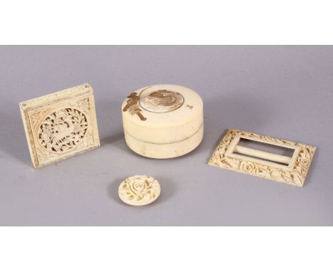 A MIXED LOT OF CHINESE / JAPANESE CARVED IVORY ITEMS, comprising a Japanese meiji cylindrical lidded lion box, 6cm, a canton 