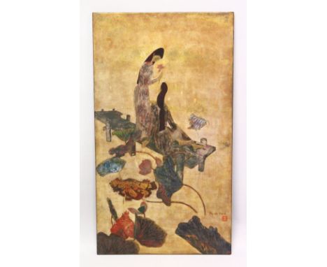 A SUPERB VIETNAMESE PAINTING OF FEMALES ON A JETTY AMONGST LILLIES, signed 'NG VAN MINH'   wood and poly chrome, depicting a 