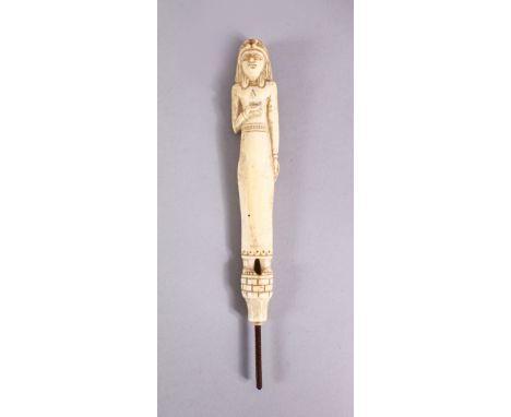 A 19TH / 20TH CENTURY EGYPRIAN CARVED BONE STICK / PARASOL HANDLE, 17cm.