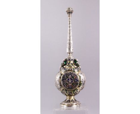 A FINE 17TH / 18TH CENTURY INDIAN LUKNOW ENAMEL &amp; SILVER ROSE WATER SPRINKLER, with carved and enameled floral decoration