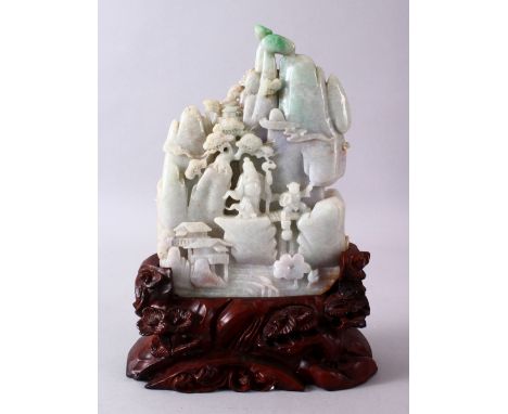 60A LARGER CHINESE CARVED JADEITE IMMORTAL &amp; LANDSCAPE FIGURE, the stone carved with native landscape views with scenes o