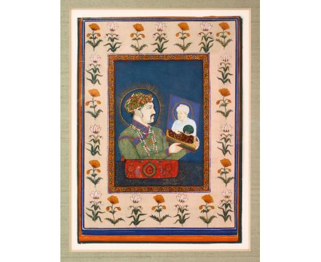 AN INDIAN PORTRAIT PAINTING OF JAHANGIR - depicted holding a portrait of a man, mounted, 34cm x 28cm.
