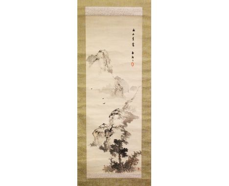 A CHINESE SCROLL PAINTING OF MOUNTAIN LANDSCAPE - SIGNED RINMEI? - the painting on silk or textile depicting a mountainous la