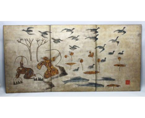 A SUPERB VIETNAMESE THREE PANEL PAINTING OF A HUNTING SCENE ATTRIBUTED TO NGUYEN VAN MINH, Wood and poly chrome, The large th