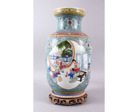 A GOOD CHINESE REPUBLIC FAMILLE ROSE PORCELAIN LANTERN VASE &amp; STAND, decorated with to larger panels of female and childr