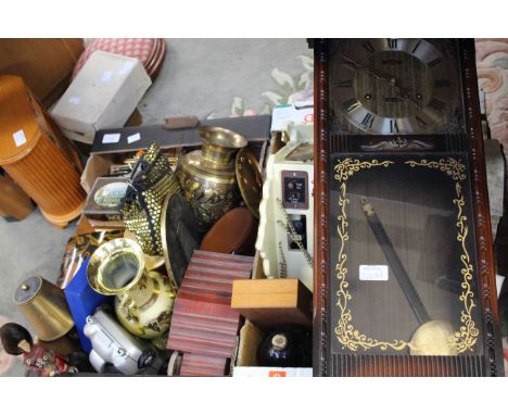 A collection of clocks, including wall clocks; carriage clock; miniature longcase; a box of metalware; etc (two boxes and two