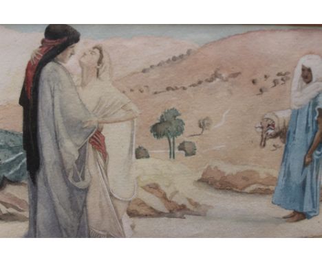 R Tennyson, (1926), 'Ruth, Naomi and Boaz', watercolour depicting a Biblical scene, 13cm high, 23cm wide, signed and dated to