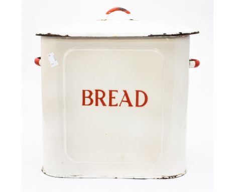 A 1950s enamel bread bin with cover, red paint detail 