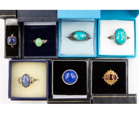 Seven silver and hardstone rings, sizes P. K. Q1/2, P1/2 and N