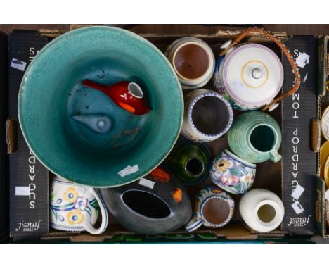 A box of Poole Studio pottery, including unmarked Anita Harris, and a large Gouda planter