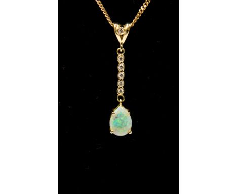 An opal and white stone set 9ct gold drop pendant and chain gross weight approx 3.2 gms