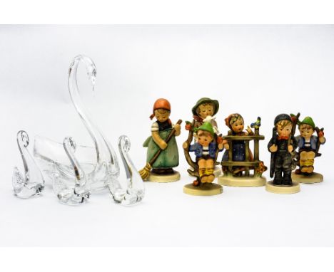 A selection of six Goebel Hummel figurines; together with crystal Swan bon bon dish and three small Swan decorations (10) 