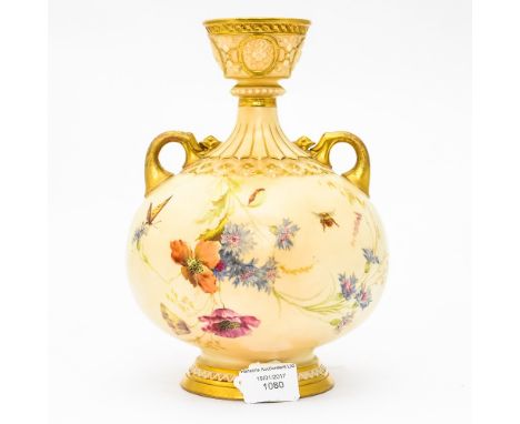 A Royal Worcester blush ivory twin handled vase, spherical form with trumpet neck, on a stepped foot, decorated with wild flo