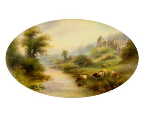 James Stinton for Royal Worcester, a painted porcelain plaque of Haddon Hall, cattle in the foreground, 1925, puce marks, 15c