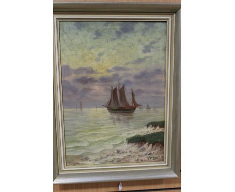 An oil on canvas yacht with smaller in distance, lower right hand side, signature K Morings 