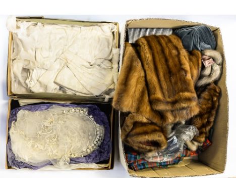 A collection of textiles to include: wedding dresses, veil etc. (one box)
