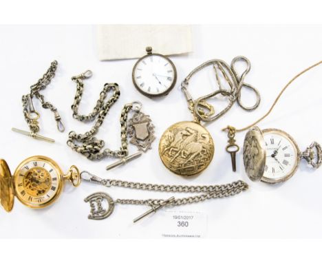 Four assorted pocket watches to include a small silver example and white and yellow metal example with horse and hunting scen