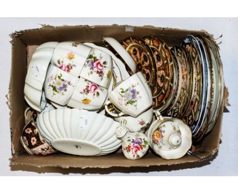 Two Royal Crown Derby Imari 1128 15 cm diameter plates, two saucers and a trinket dish, with a box of assorted Royal Crown De