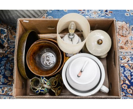 A box containing a collection of ceramics, comprising Poole lamp base, Coventry studio pottery bowl, brown glazed vases, jar 