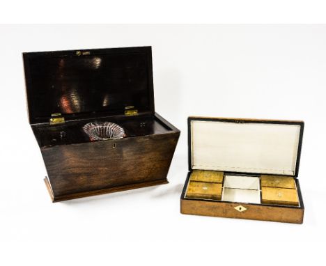 A 19th Century rosewood sarcophagus shape tea caddy, and a walnut games box for bridge with bore markers(2)