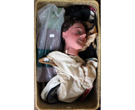 A ventriloquist dummy, having bisc head, assorted wigs, clothes, etc and a box of of trick cards with playing instructions, a