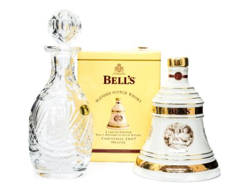 Bells Whisky Christmas 2007 decanter (boxed) together with a glass decanter Derby Cathedral (2)