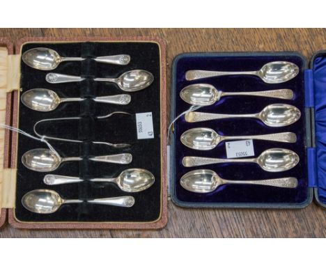 Two cased sets of silver tea-spoons, one including nips, one set Sheffield 1894, weighing approx 2.92 ozt, one set Sheffield 