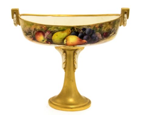 A Royal Worcester fruit painted pedestal bowl, 1923, the boat form bowl with angular hoop and wreath handles, painted by Rick