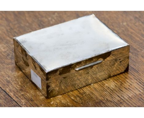 A George VI silver cigarette box, engine turned decoration to top, inscribed and dated to front '1950', Birmingham 1949 