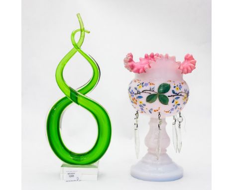 An Art Glass sculpture in modern style; together with a milk glass lustre vase with pink glass partial over lay, crimped edgi