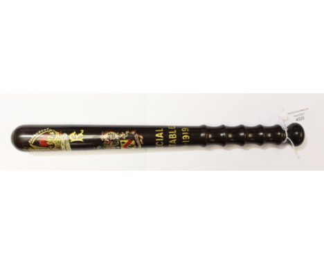 A Presentation painted wooden truncheon, painted in polychrome with Crown above G.R Cypher, Burnley Coat of Arms, SPECIAL CON