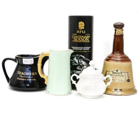 A Bell's Scotch Whisky wade decanter, an RFU Centenary Twickenham beer, a Teacher's water jug, a Royal Worcester jug and a su