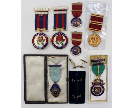 A collection of Masonic medals to include 9ct "Clifton Chapter No.703", a silver and enamel "BLACKPOOL LODGE No.1476" and oth