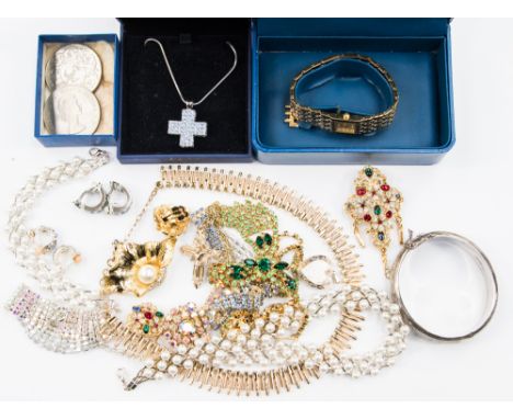 A boxed Swarovski crucifix with a silver bangle approx 1.10ozt and  a Rotary gold plated wrist watch, with a collection of co